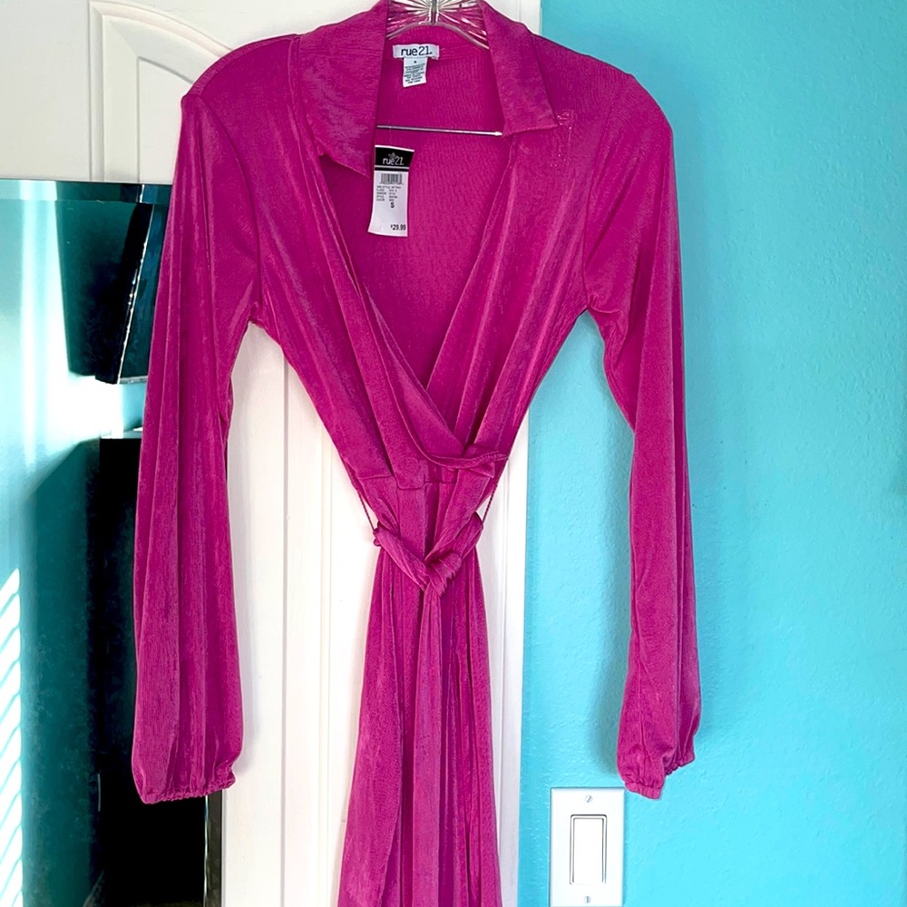 Pink long sleeve wrap dress with belt